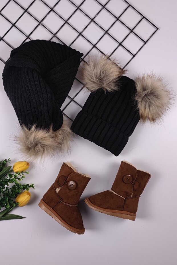 Children's Boots Furry Suede Boots - Pompom Scarf Beret Set Boots Scarf Beret Set