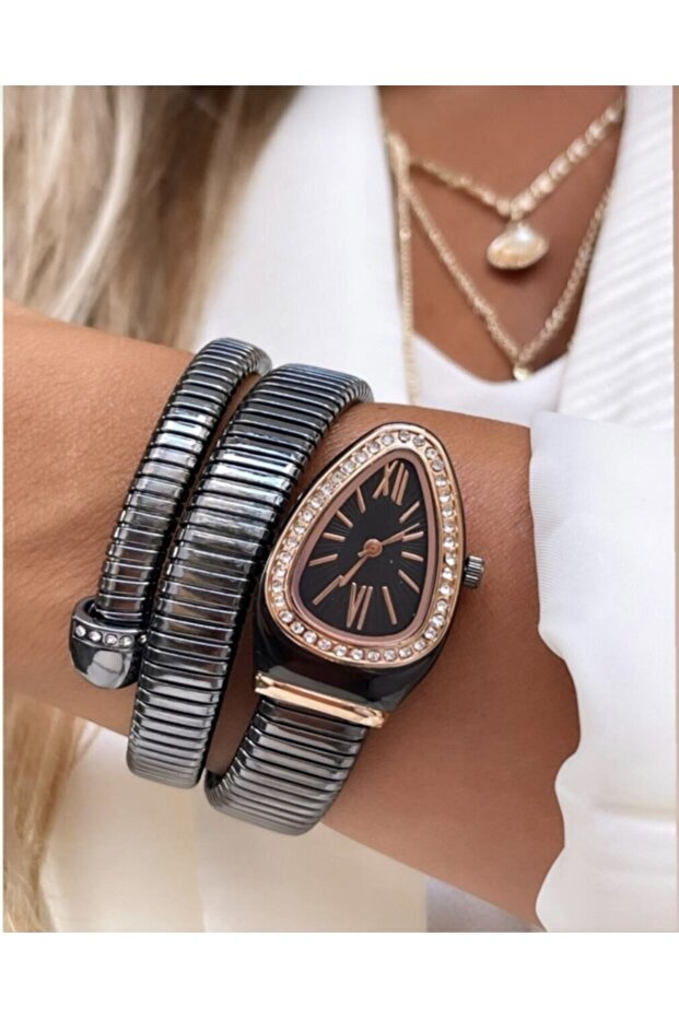 Arzu Boutique Snake Model Women's Wristwatch Black Color