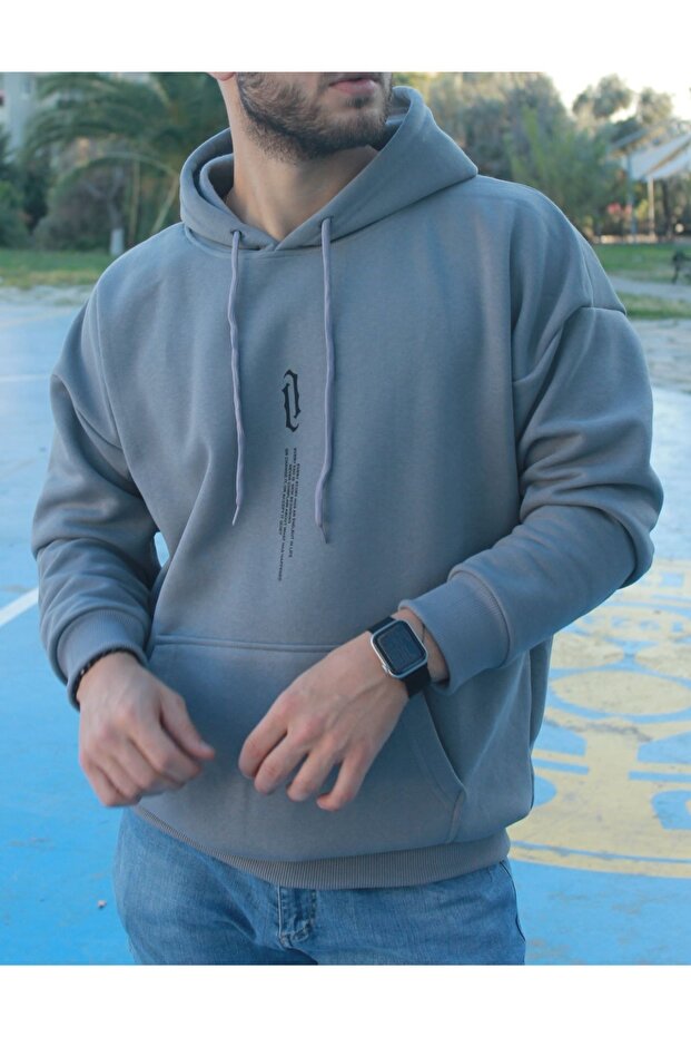 Men's Smoked Chest Vertical Printed Oversize Hooded Sweatshirt