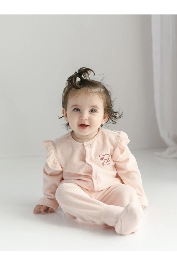 Crew Neck Long Sleeve Embroidery Detailed Girl Baby Cardigan and Pants 2-Piece Set