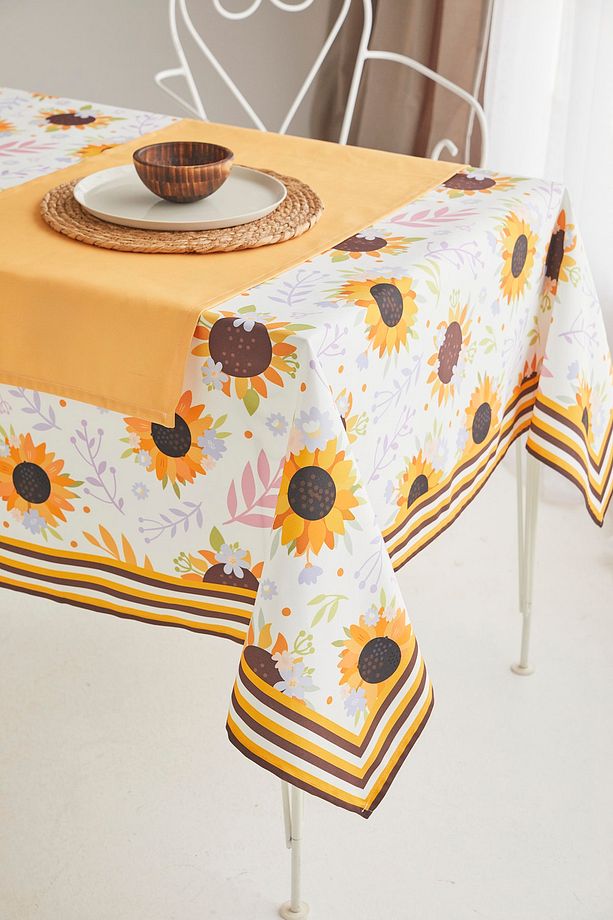 Ays Home Sarı Ayçiçeği Desen Kumaş Yemek Masası Örtüsü Ve Sarı Runner - 1