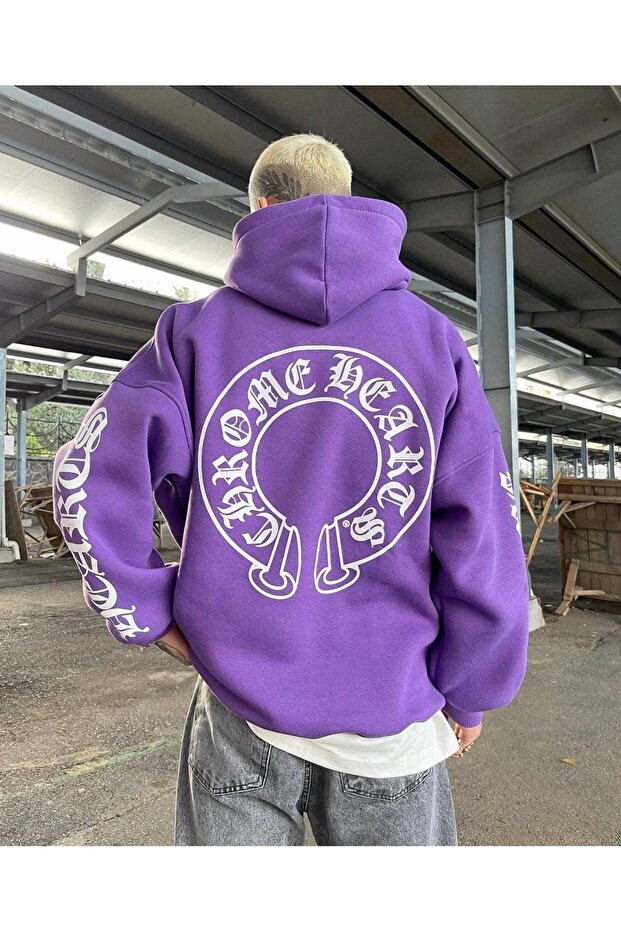 Large Size Hooded Horse Back and Sleeve Text Detail Oversize Sweatshirt