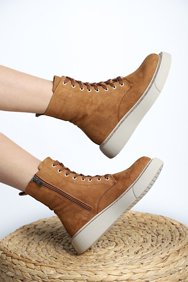Lorrie Stone Detailed Zippered Suede Women's Boots Camel