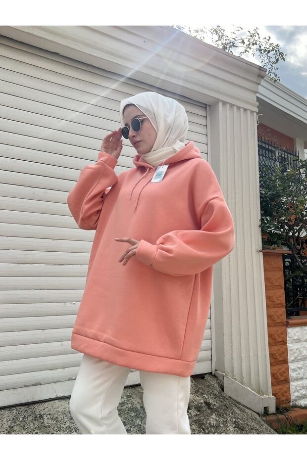 Extra Oversize Somon Basic 3 Iplik Pamuklu Şardonlu Kadın Sweatshirt 1003 - 1