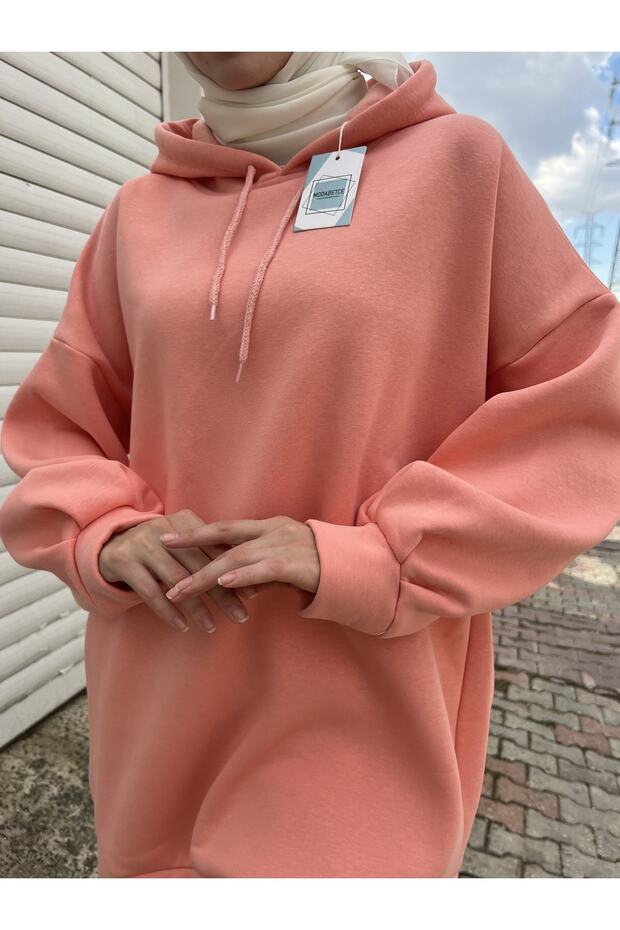 Extra Oversize Somon Basic 3 Iplik Pamuklu Şardonlu Kadın Sweatshirt 1003 - 3