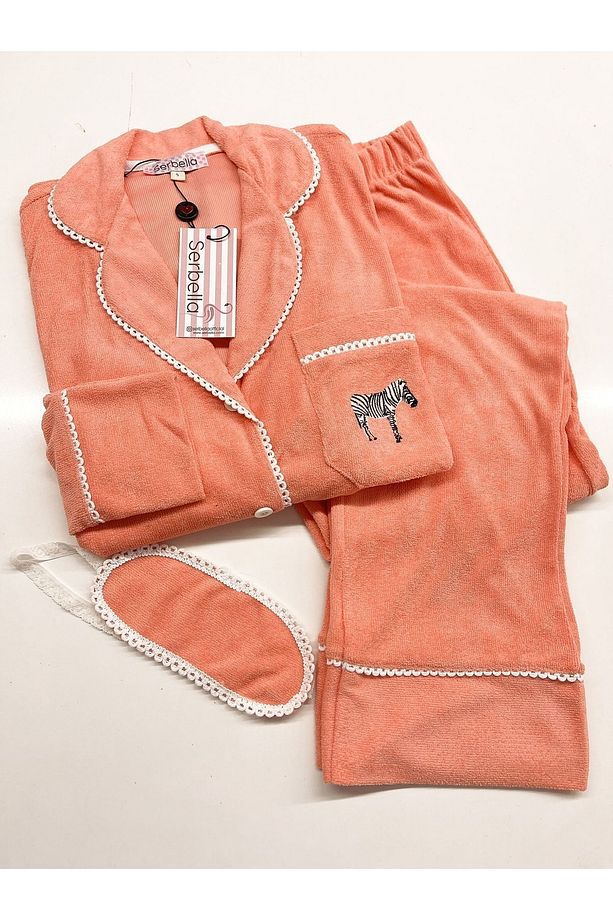 Mercan Rengi Zebra Nakışlı Pijama Takımı - 4