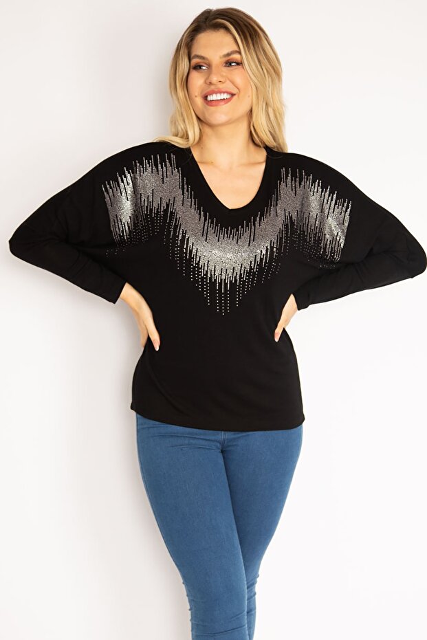 Women's Large Size Black Stone Detailed Bat Sleeve Blouse 65n35191