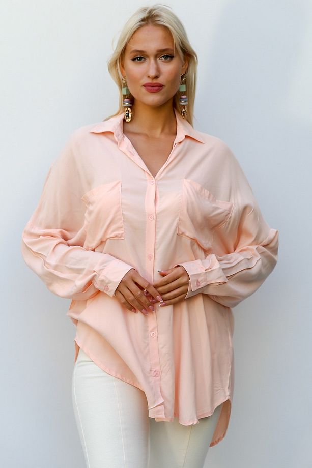 Kadın Pudra Uzun Kol Düğmeli Çift Cepli Maxi Oversize Casual Viskon Dokuma Gömlek - 1
