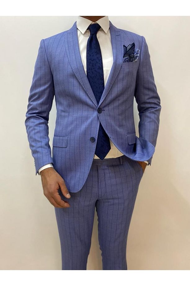 Interview Açık Mavi Desenli Tek Yırtmac Slim Fit Takım Elbise - 5