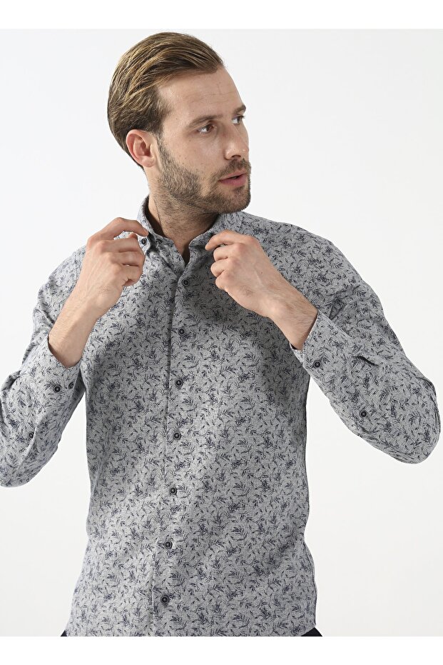 Button Collar Printed Gray Men's Shirt Gm2008100096