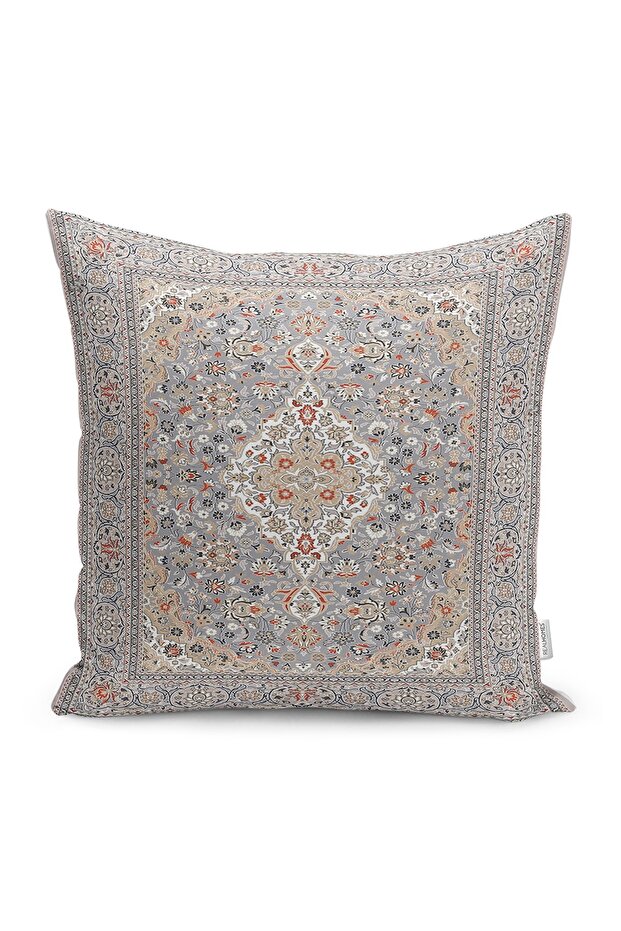 Digital Printed Pillow and Cushion Cover with Rug Motif and Butler Pattern on Gray Floor