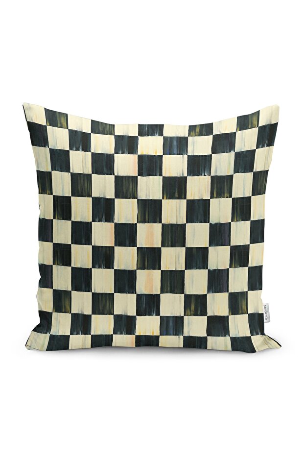 Black - White Antique Motif Checkerboard Patterned Digital Printed Pillow Cushion Cover on the Floor