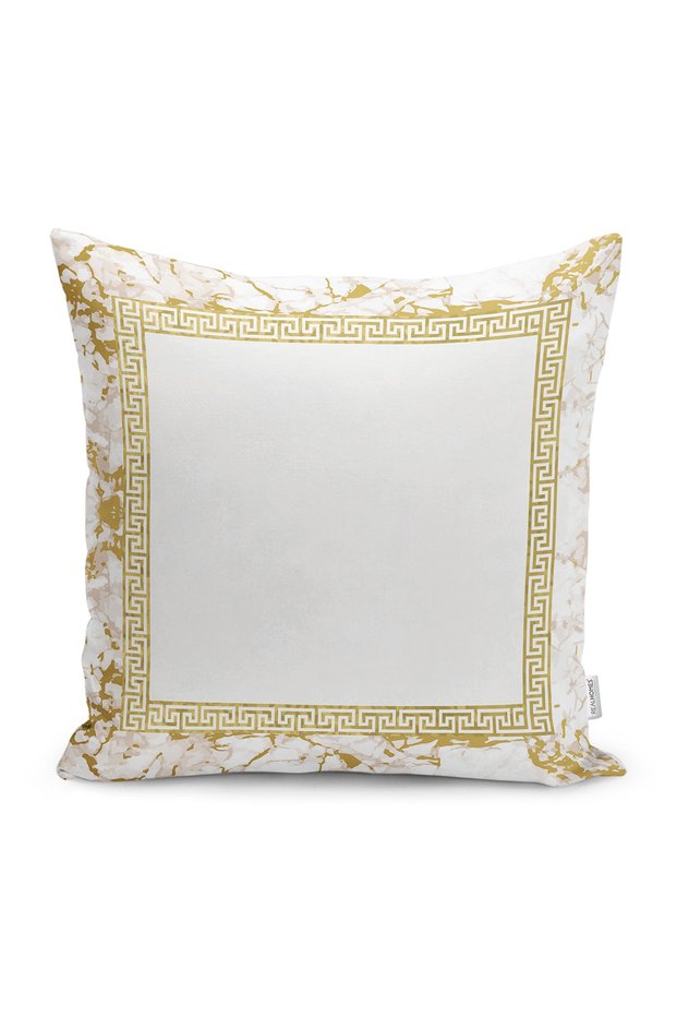 Gold Colored Motif Geometric Patterned Digital Printed Pillow Cushion Cover on Ecru Floor