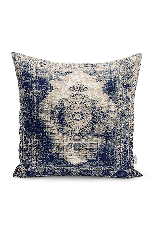 Local Patterned Digital Printed Pillow and Cushion Cover with Turkmen Motif on Blue Background
