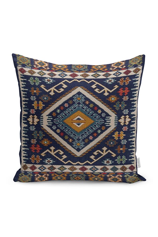 Digital Printed Pillow and Throw Pillow Cover with Iranian Motif and Rug Pattern on Dark Blue Floor