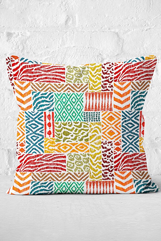 Patchwork Patterned Rug Patterned Digital Printed Pillow Cushion Cover on White Background - 3
