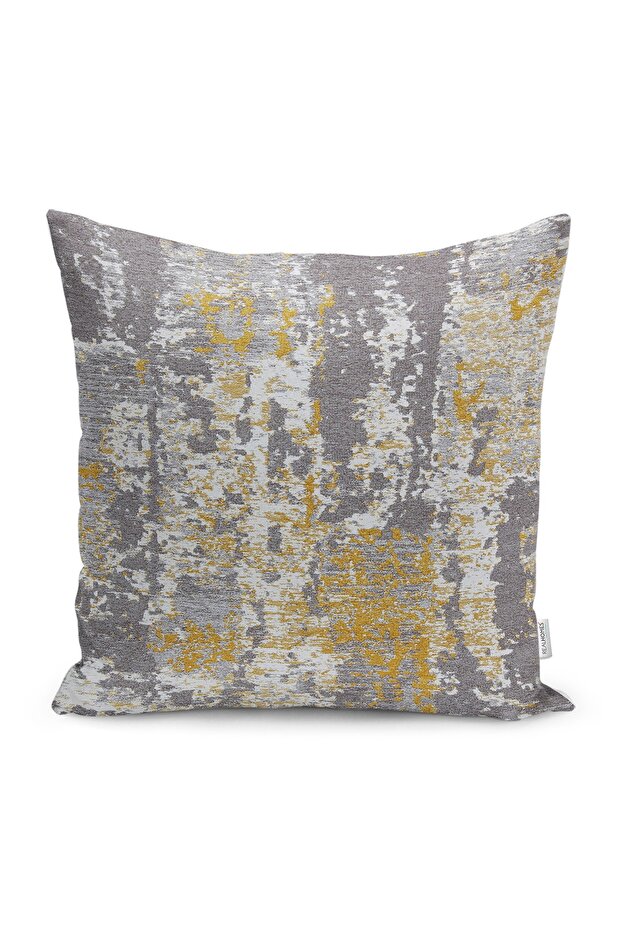 Digital Printed Pillow and Throw Pillow Cover with Modern Motifs and Antique Patterns on Yellow and Gray Background