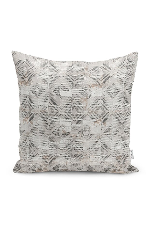 Cream - Ethnic Patterned Digital Printed Pillow and Throw Pillow Cover with Antique Motif on Gray Background