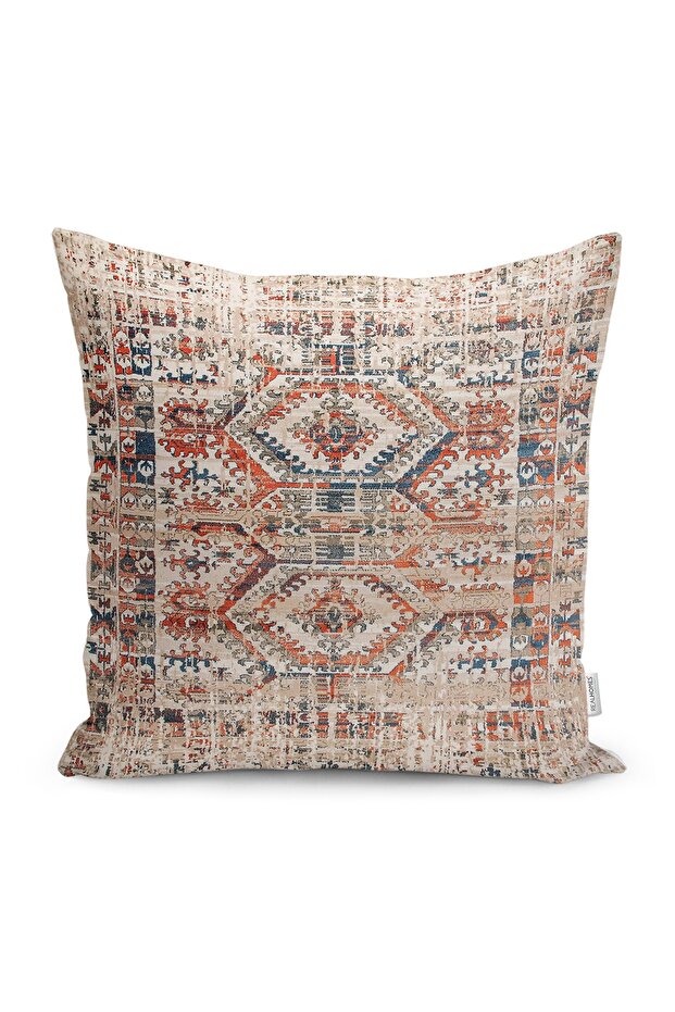 Cream - Cushion Cover with Digital Print Ethnic Patterned Kilim Rug Motif on Red Background