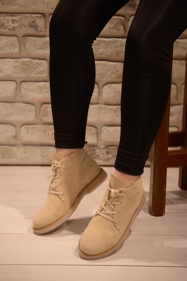 Kadın Krem Süet Bağlı Haşpapi Düz Taban Bot&bootie - 5