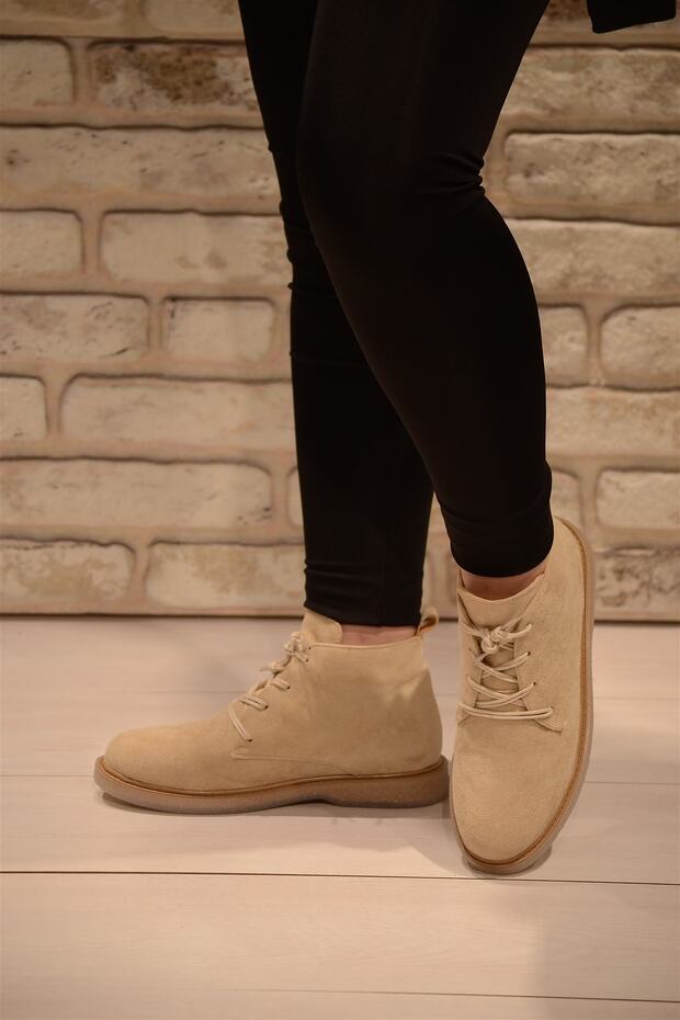 Kadın Krem Süet Bağlı Haşpapi Düz Taban Bot&bootie - 6