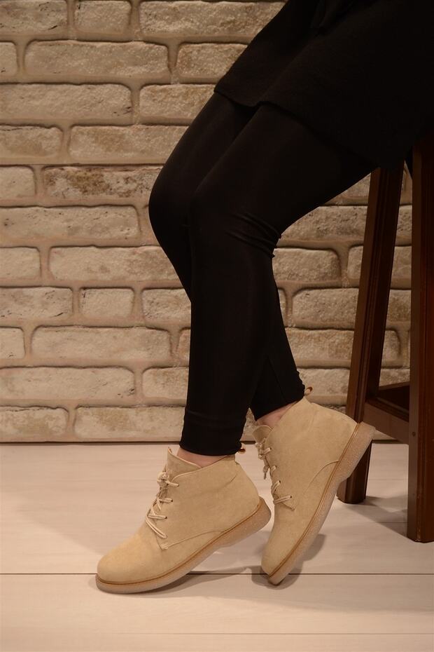 Kadın Krem Süet Bağlı Haşpapi Düz Taban Bot&bootie - 7