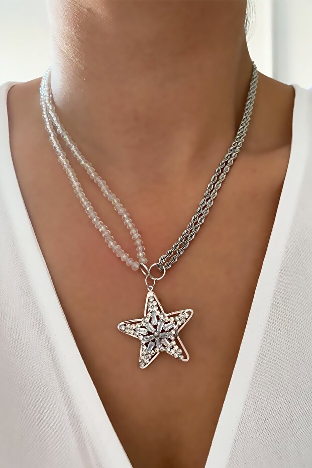 Transparent Crystal Star Pendant Silver Color Necklace