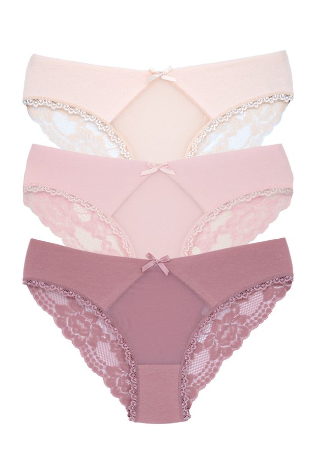 3-Piece Cotton Women's Briefs with Tulle on the Front and Lace Detail on the Back
