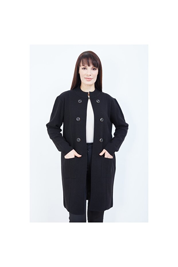 Mother Knitwear Black Long Cardigan with Pockets and Button Detail