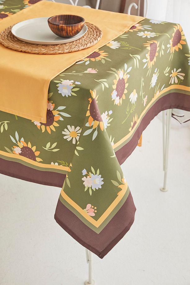 Ays Home Yeşil Ayçiçeği Desen Kumaş Yemek Masası Örtüsü Ve Sarı Runner. - 1