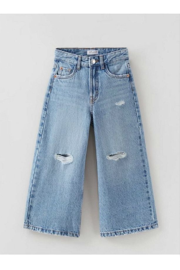 Kız Çocuk Denim Bol Paça Kot Pantolon Yırtıklı (ayarlanabilir Bel) Extreme Wide Leg Jeans - 1
