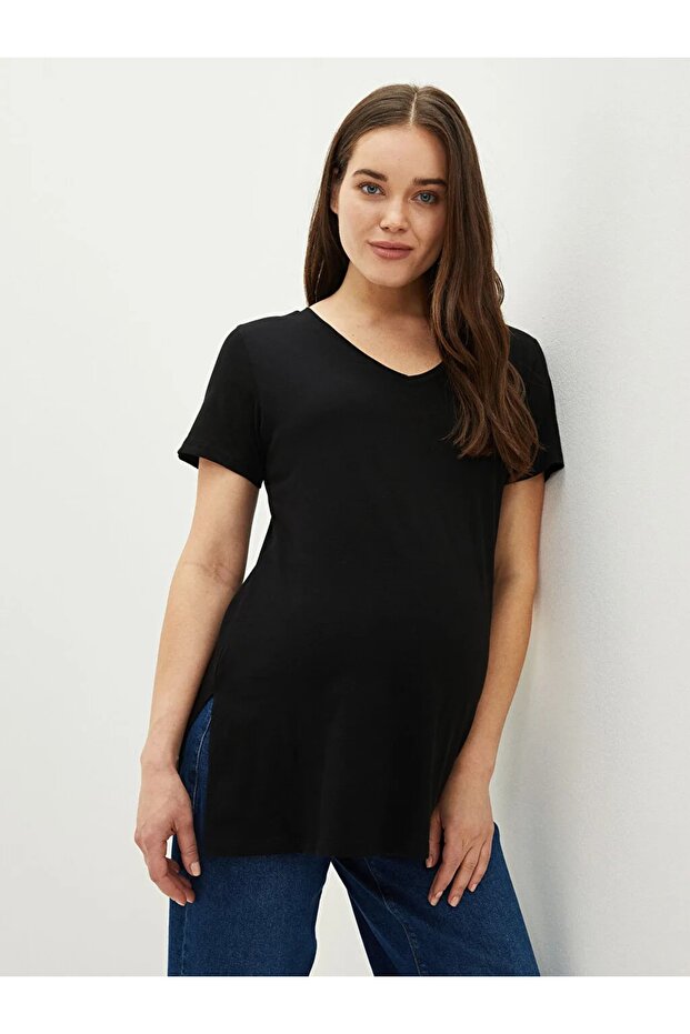 V-Neck Plain Short Sleeve Cotton Maternity T-Shirt
