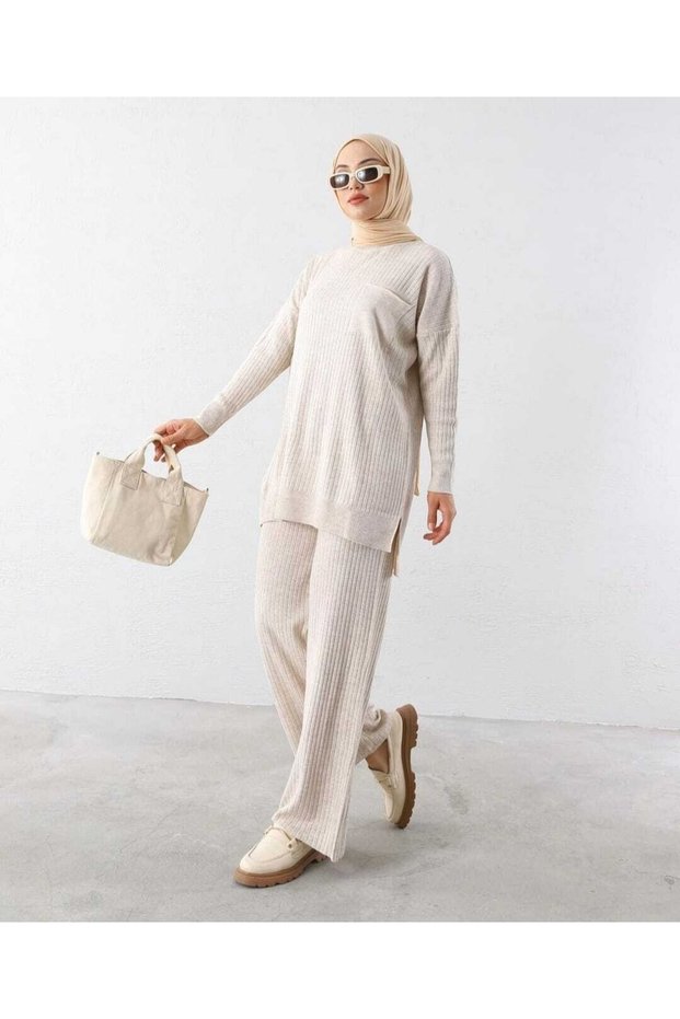 Women's Pocket Detailed Tunic and Trousers Corded Knitwear Set