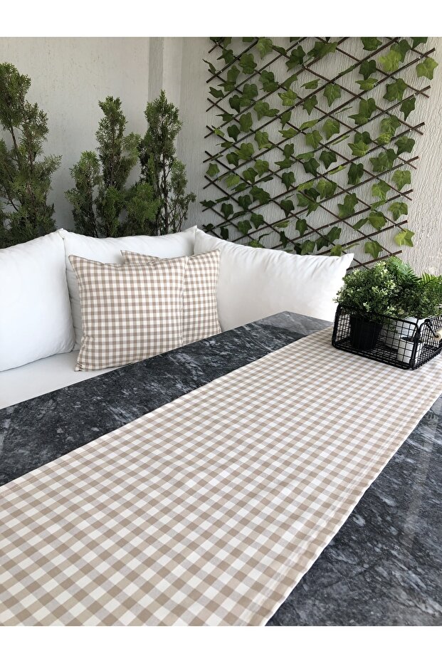 Gingham Beige Linen Runner - 1
