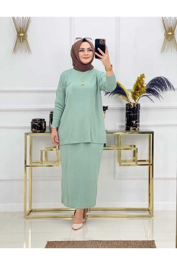 Harika Kadın Tek Cepli Etek Ve Tunik Alt Üst Ikili Triko Takım - 1