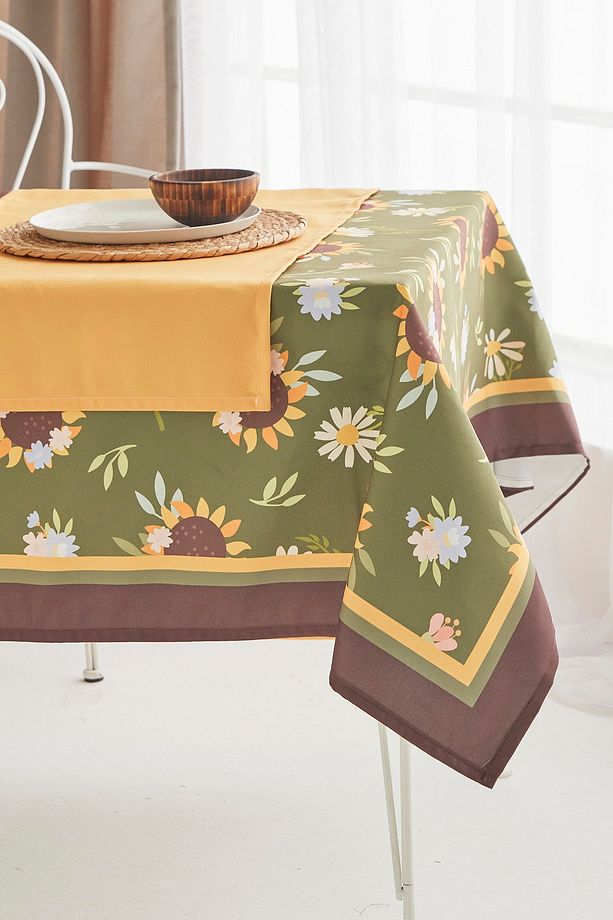 Ays Home Yeşil Ayçiçeği Desen Kumaş Yemek Masası Örtüsü Ve Sarı Runner. - 2