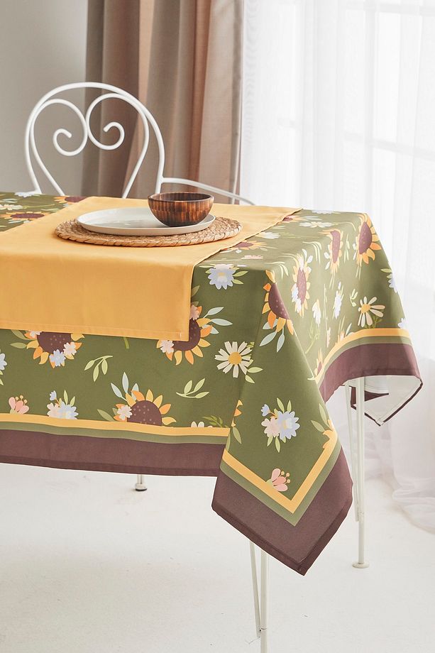 Ays Home Yeşil Ayçiçeği Desen Kumaş Yemek Masası Örtüsü Ve Sarı Runner. - 3