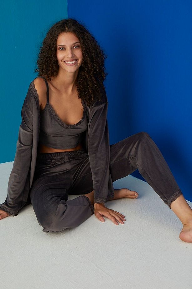 Antrasit Soft Kadife Croplu Pijama Takım - 2