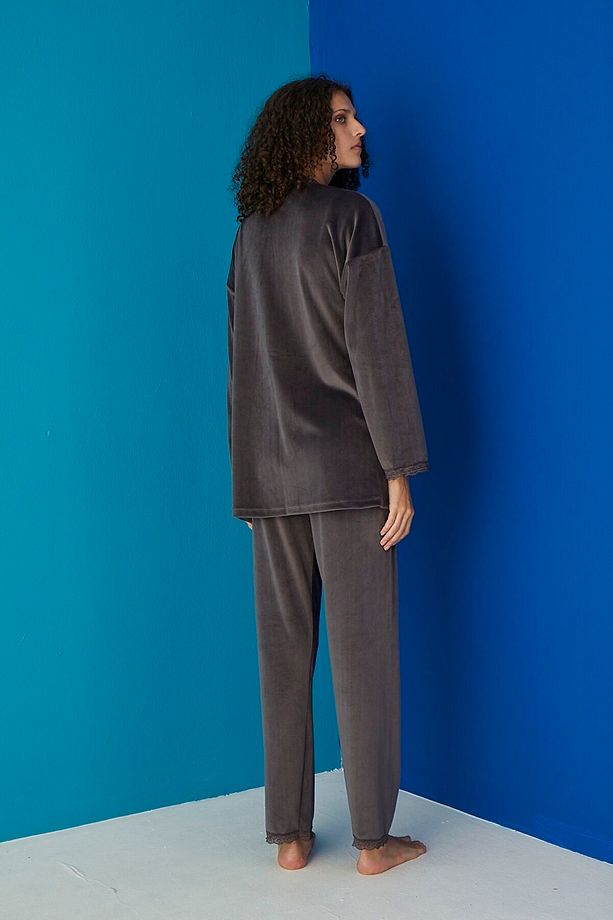 Antrasit Soft Kadife Croplu Pijama Takım - 6