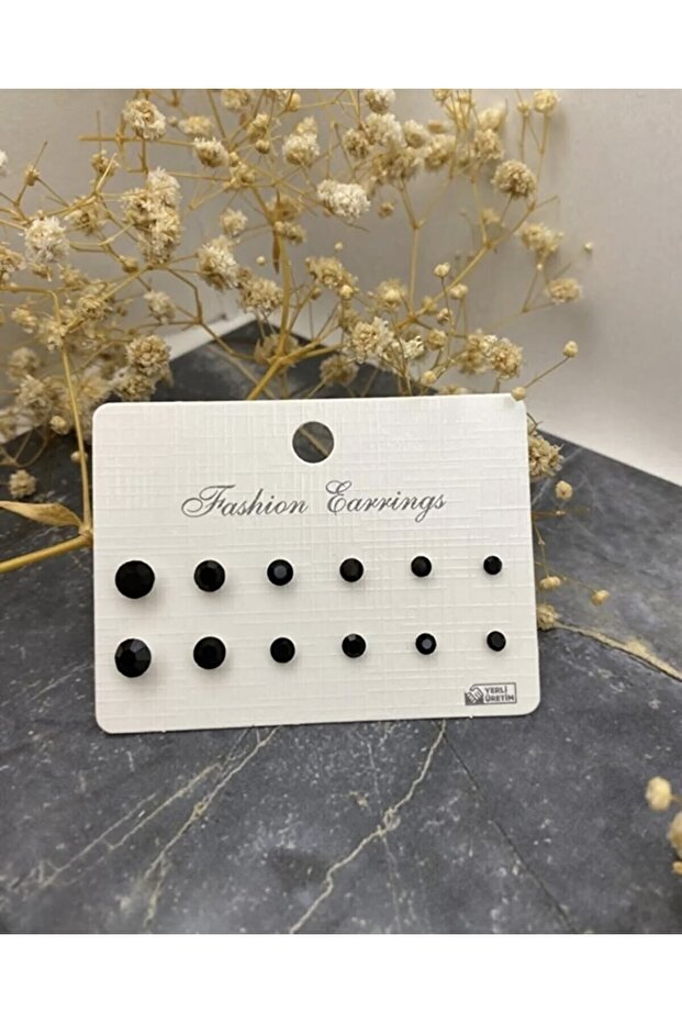 Twelve Different Size Black Stone Earrings with Rhinestones