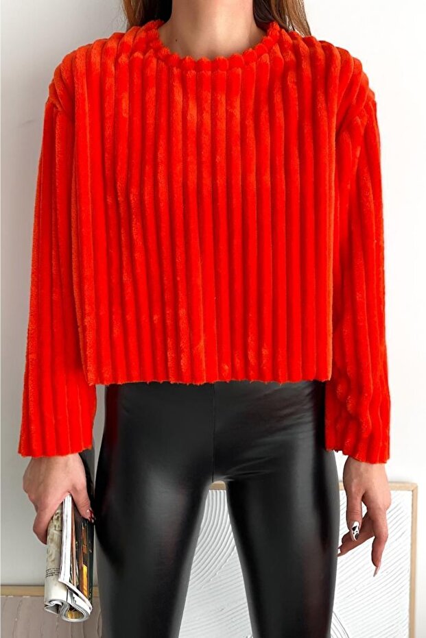 Women's Orange Plush Fabric Standard Size Yumoş Sweater