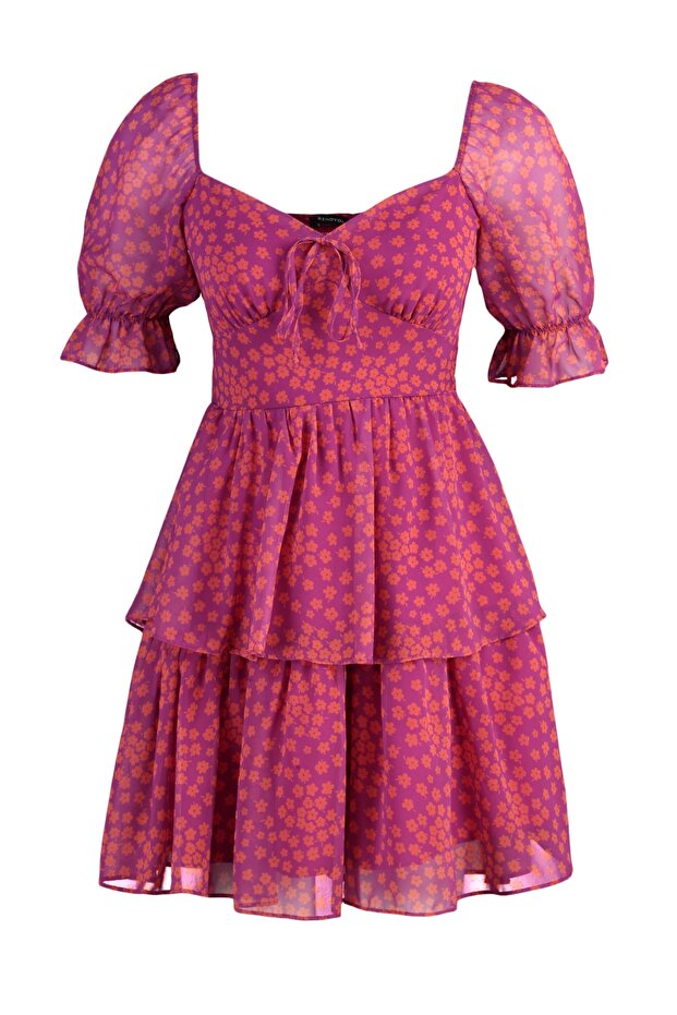 Çok Renkli Çiçekli Eteği Volanlı Skater/Belden Açılan Şifon Mini Astarlı Dokuma Elbise TWOSS22EL2772 - 7