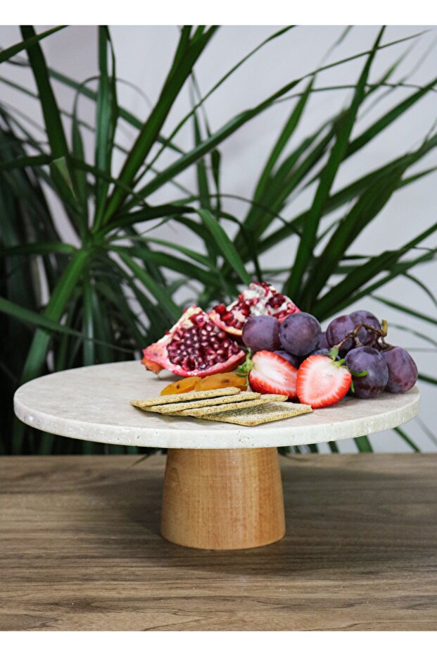 Natural Marble Cake Stand, Cake Stand with Wooden Legs, Marble Presentation Cup, Marble Cheese Plate 28 Cm