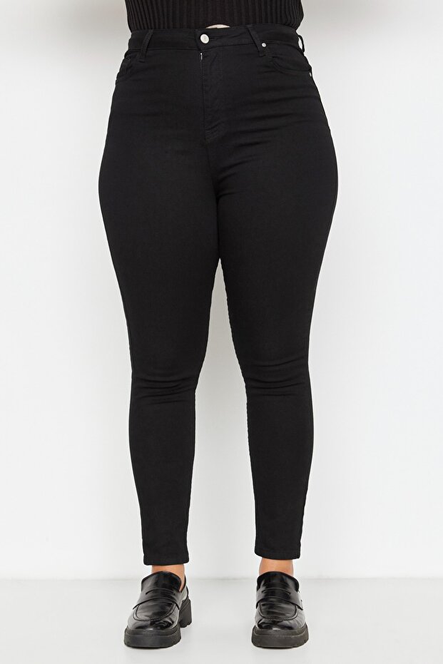 Solmayan Siyah Yüksek Bel Esnek/Stretch Büyük Beden Skinny Jeans TBBAW23CJ00061 - 9