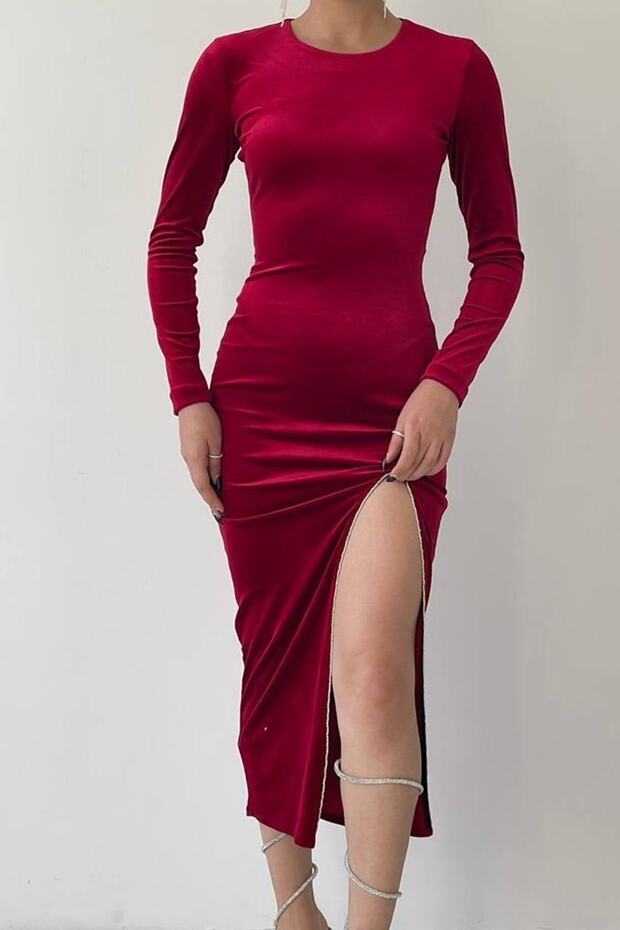 Velvet Fabric Crew Neck Long Sleeve Slit Embroidery Detailed Design Burgundy Midi Evening Dress 139