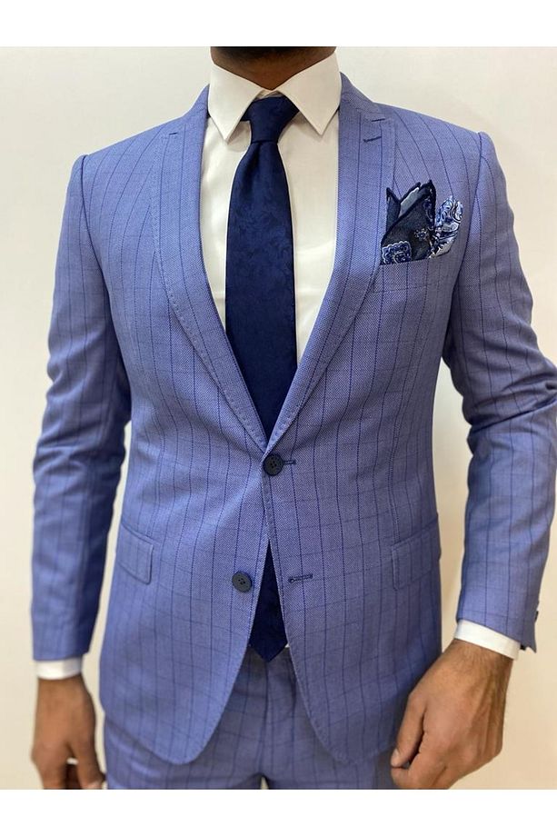 Interview Açık Mavi Desenli Tek Yırtmac Slim Fit Takım Elbise - 4