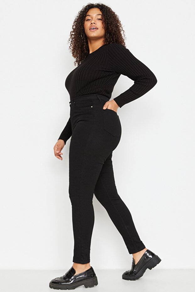 Solmayan Siyah Yüksek Bel Esnek/Stretch Büyük Beden Skinny Jeans TBBAW23CJ00061 - 8