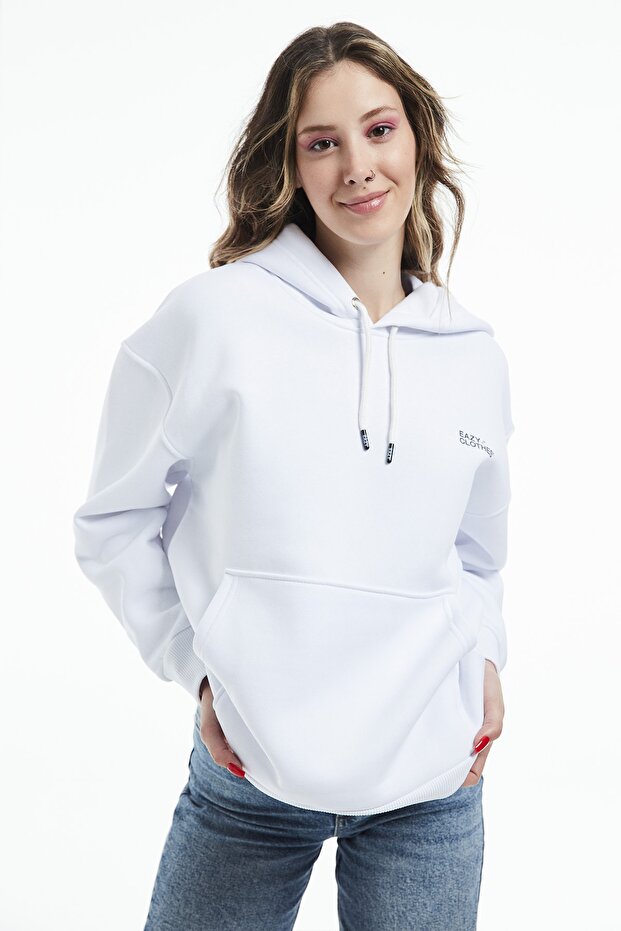 Eazy Basic Oversize Unisex Premium Beyaz Kapüşonlu Kalın Hoodie - 1