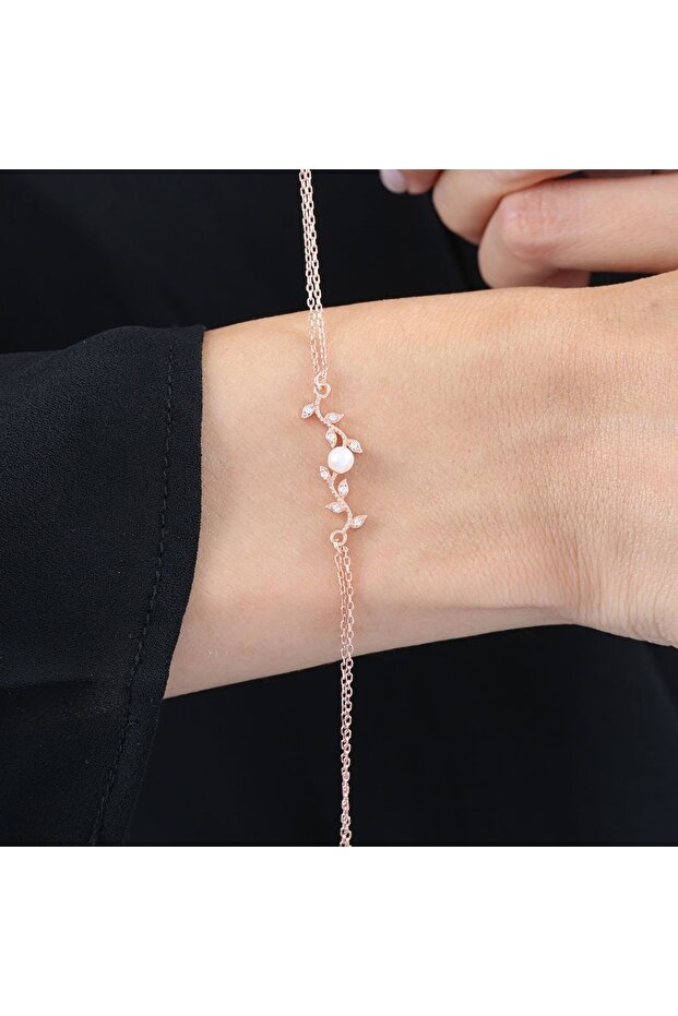 Mia Vento Pırlanta Montür Inci Baharı Rose Renk Flowers Gümüş Bileklik