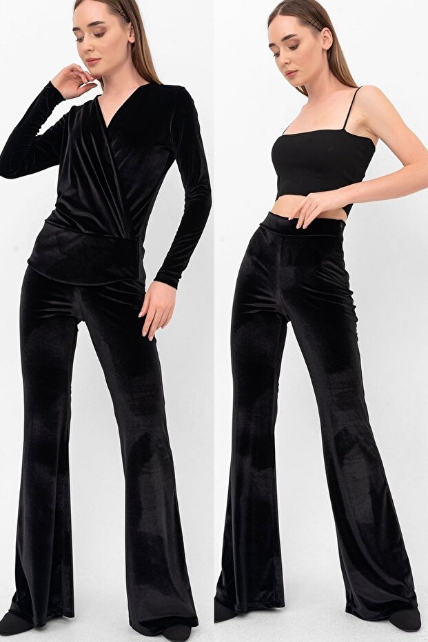 Black Half Flared Velvet Trousers